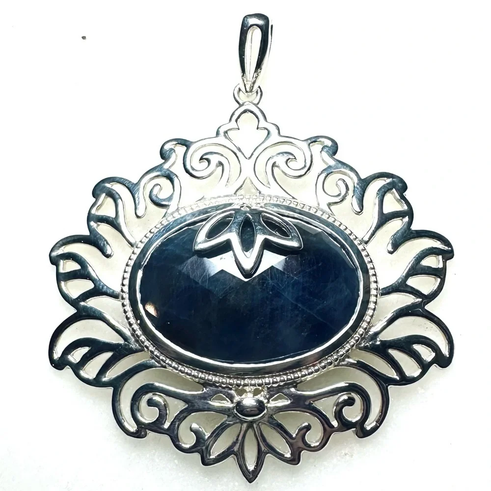 Faceted Oval Rose-cut Fancy Blue Sodalite Solid Sterling Silver Pendant